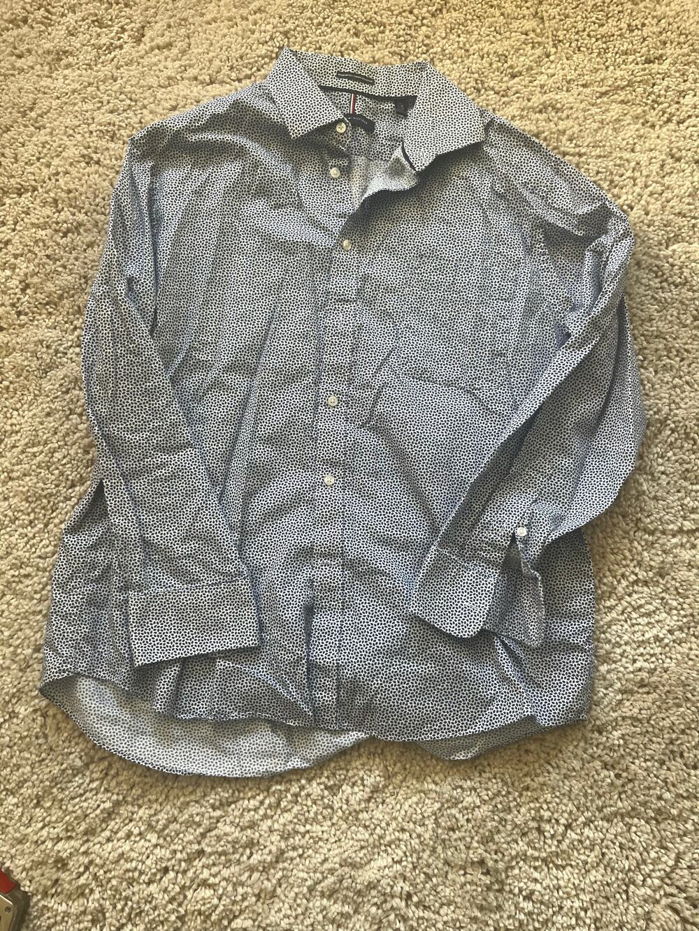 Tommy Hilfiger blue and white micro print long sleeve button-up shirt, size XL